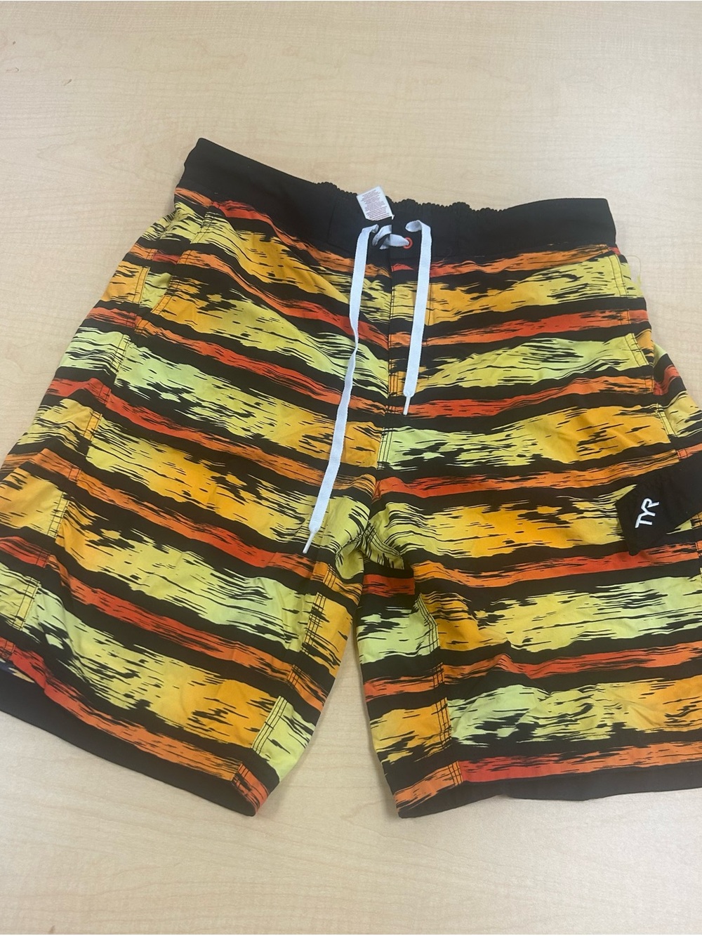 TYR Men’s Yellow and Orange Striped Board Shorts size XL